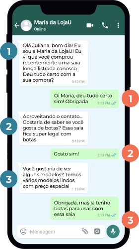 uma celular com uma conversa entre uma cliente e a Maria da LojaU