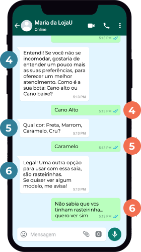 uma celular com uma conversa entre uma cliente e a Maria da LojaU